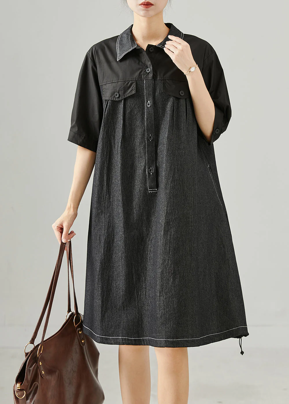 Chic Black Oversized Patchwork Cotton Mid Dress Summer - Image 2