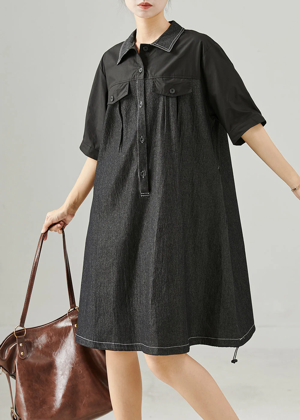 Chic Black Oversized Patchwork Cotton Mid Dress Summer - Image 3