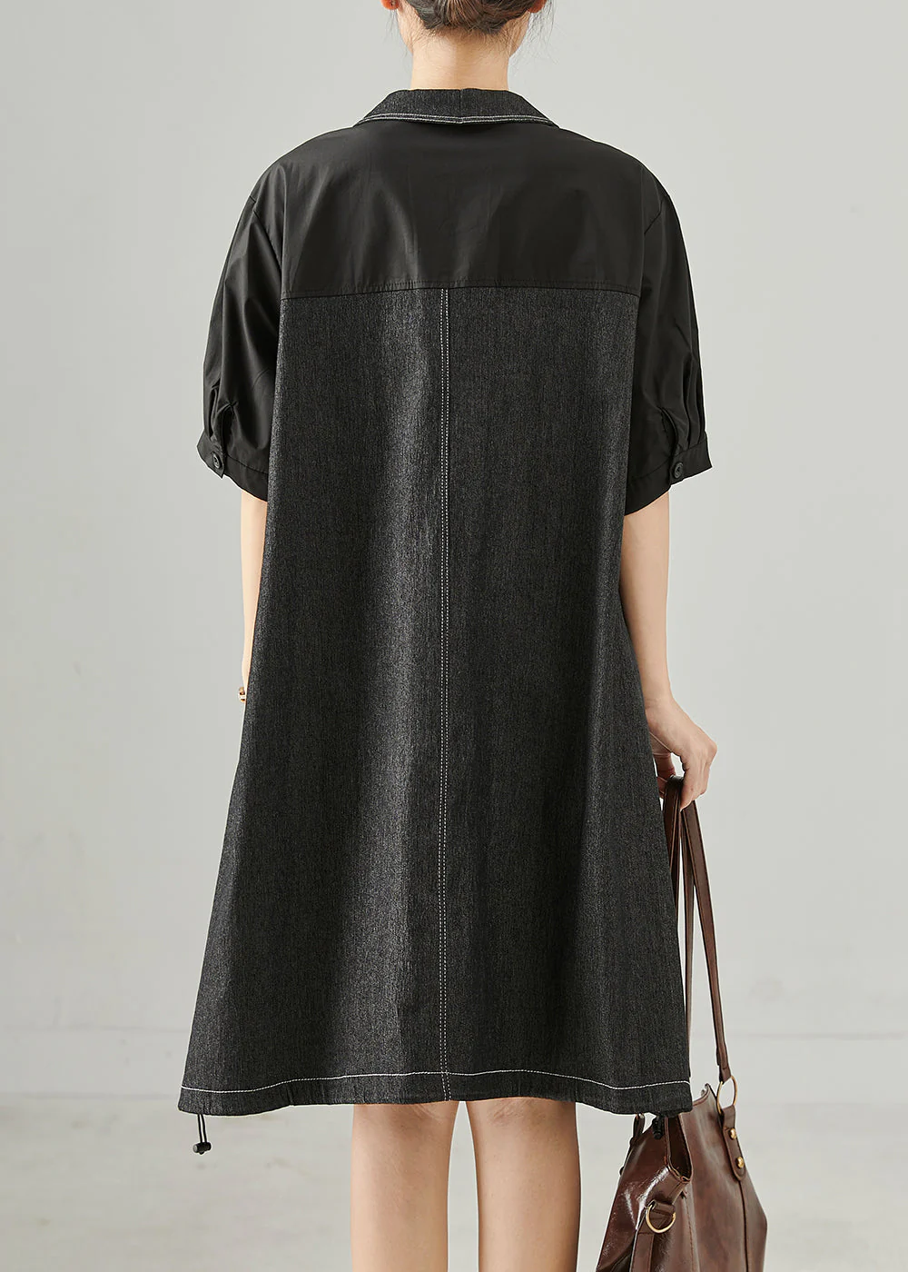 Chic Black Oversized Patchwork Cotton Mid Dress Summer - Image 4