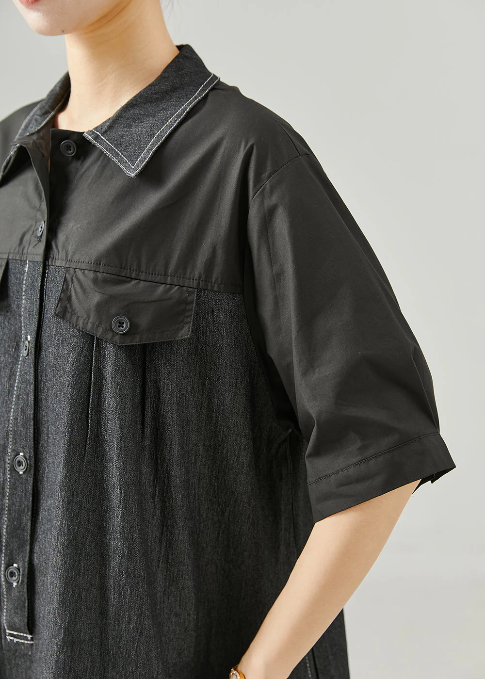 Chic Black Oversized Patchwork Cotton Mid Dress Summer - Image 5