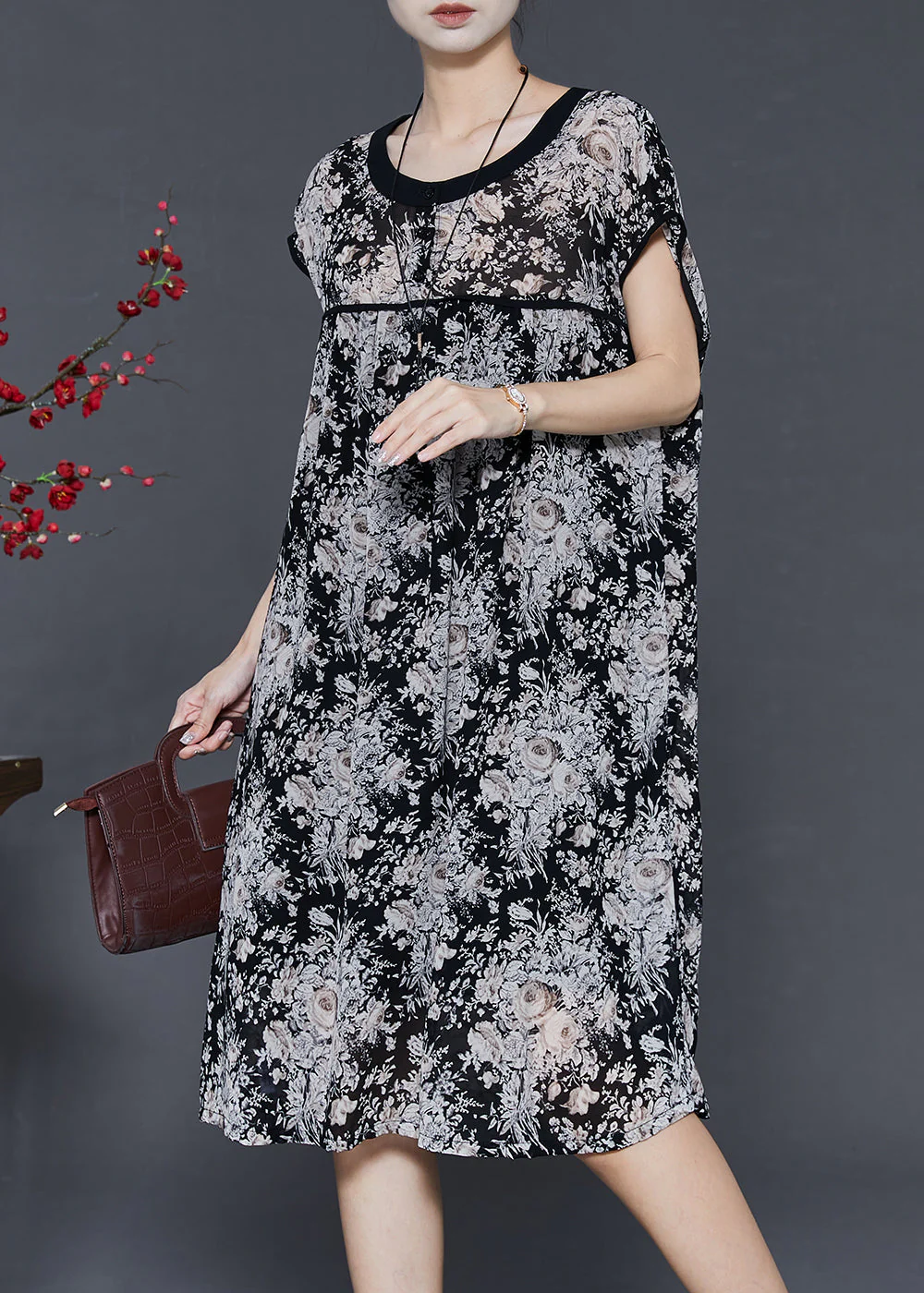Chic Black Oversized Print Chiffon Maxi Dress Summer - Image 2