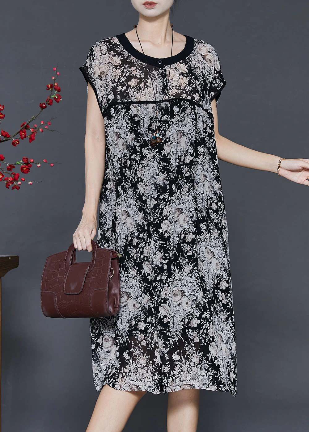 Chic Black Oversized Print Chiffon Maxi Dress Summer - Image 3