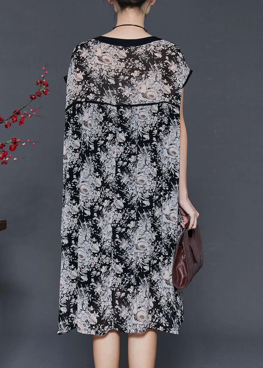 Chic Black Oversized Print Chiffon Maxi Dress Summer - Image 4