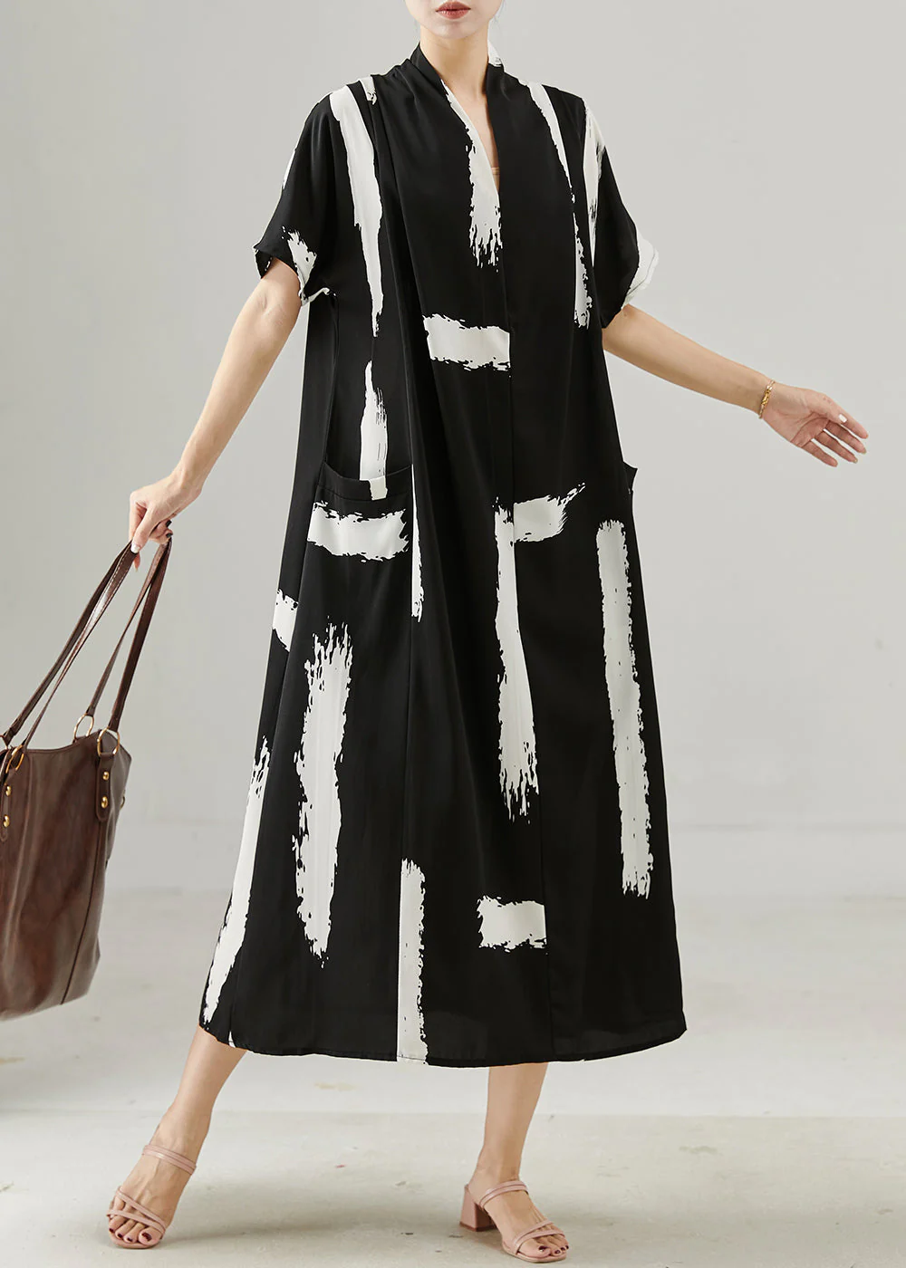 Chic Black Oversized Print Chiffon Maxi Dresses Summer