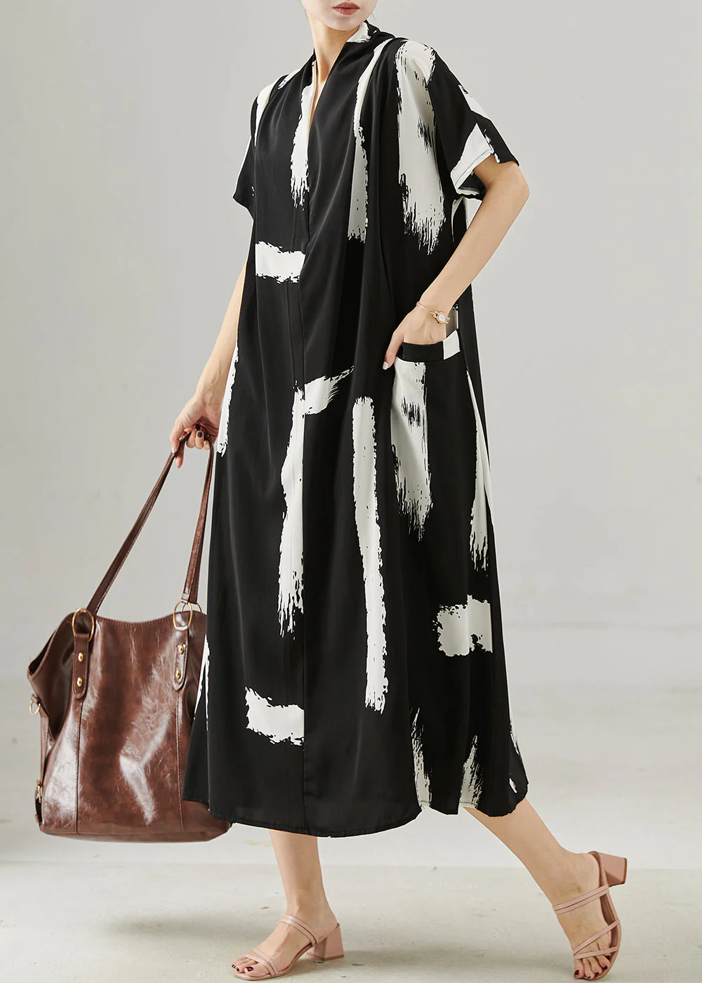 Chic Black Oversized Print Chiffon Maxi Dresses Summer - Image 2