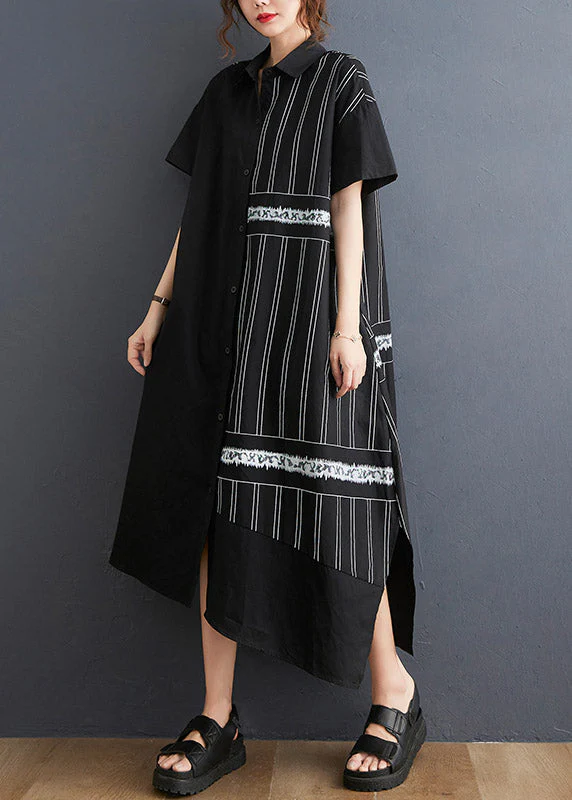 Chic Black Peter Pan Collar Button Asymmetrical side open Dress Short Sleeve - Image 2