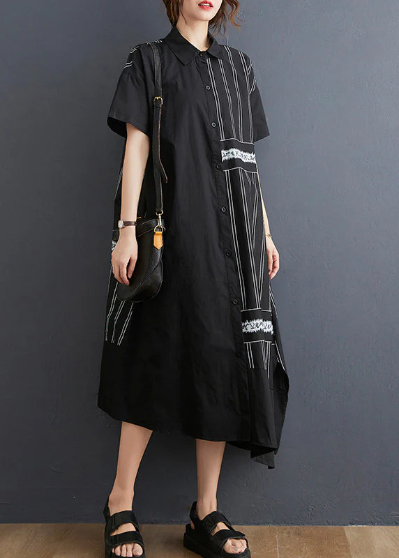 Chic Black Peter Pan Collar Button Asymmetrical side open Dress Short Sleeve - Image 3
