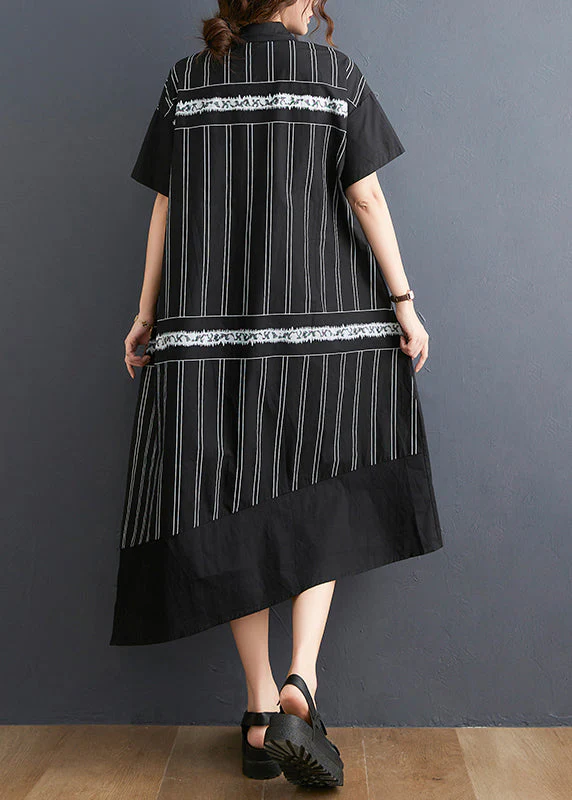 Chic Black Peter Pan Collar Button Asymmetrical side open Dress Short Sleeve - Image 4