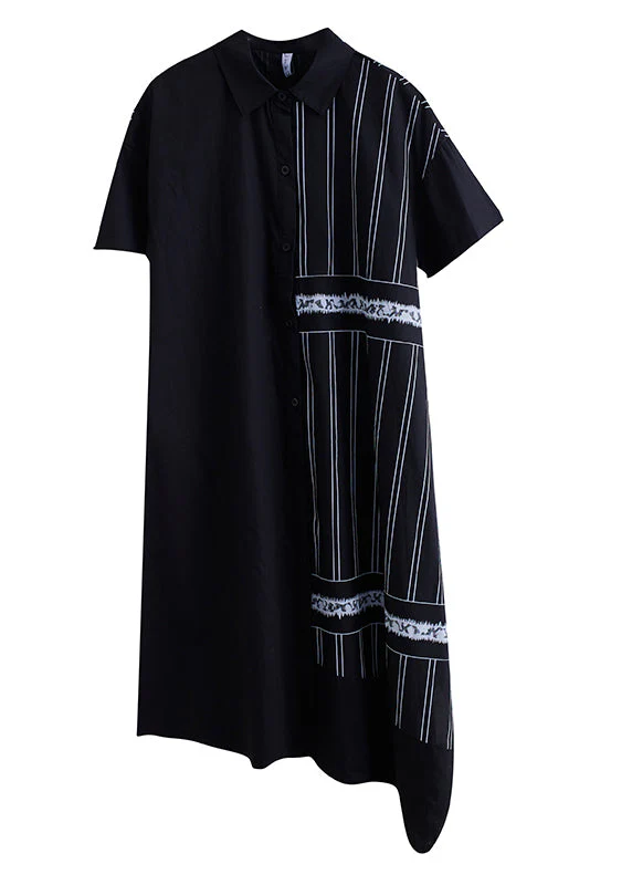 Chic Black Peter Pan Collar Button Asymmetrical side open Dress Short Sleeve - Image 5