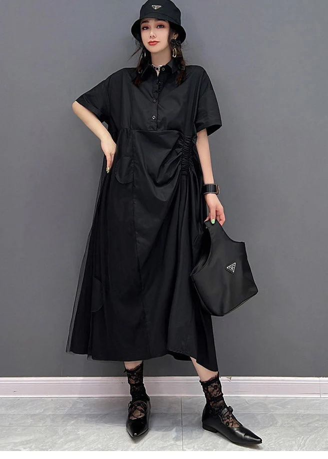 Chic Black Peter Pan Collar Cinched Button Tulle Patchwork Maxi Dresses Short Sleeve - Image 2
