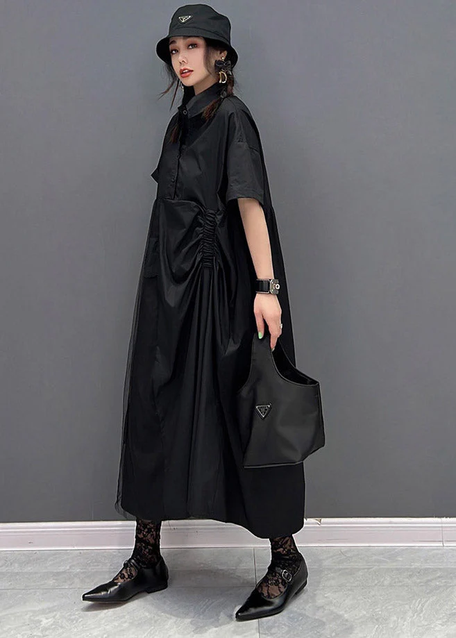 Chic Black Peter Pan Collar Cinched Button Tulle Patchwork Maxi Dresses Short Sleeve - Image 3