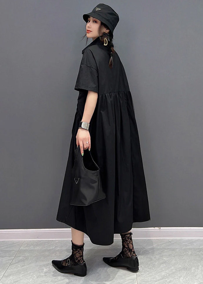 Chic Black Peter Pan Collar Cinched Button Tulle Patchwork Maxi Dresses Short Sleeve - Image 4