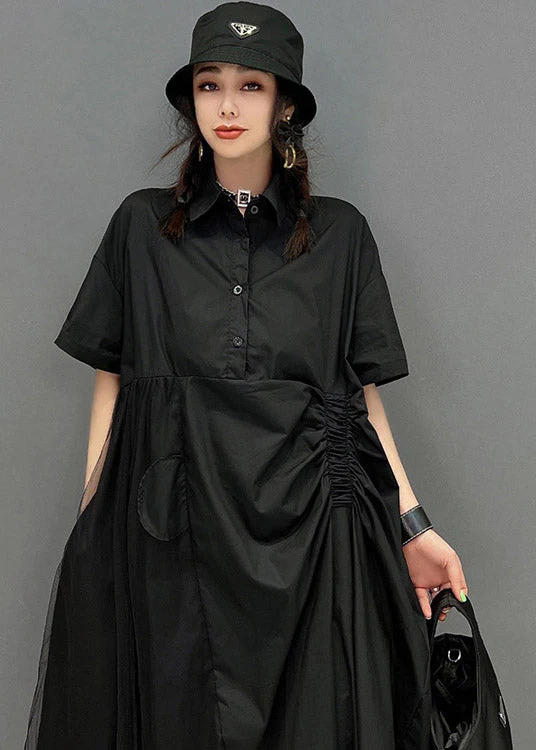 Chic Black Peter Pan Collar Cinched Button Tulle Patchwork Maxi Dresses Short Sleeve - Image 5