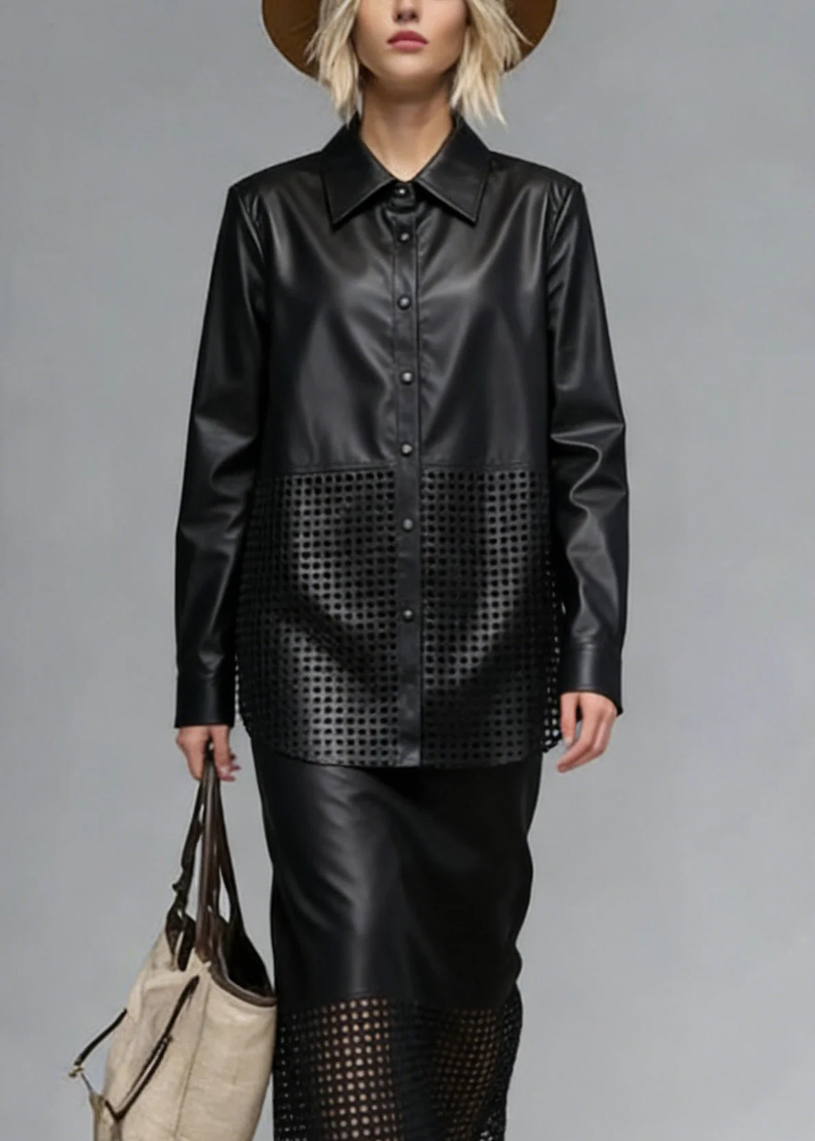 Chic Black Peter Pan Collar Hollow Out Faux Leather Two Piece Set Spring - Image 2