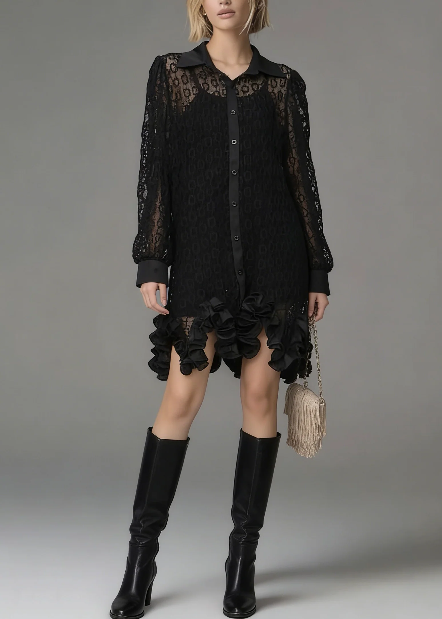 Chic Black Peter Pan Collar Hollow Out Floral Lace Shirt Tops Spring - Image 3