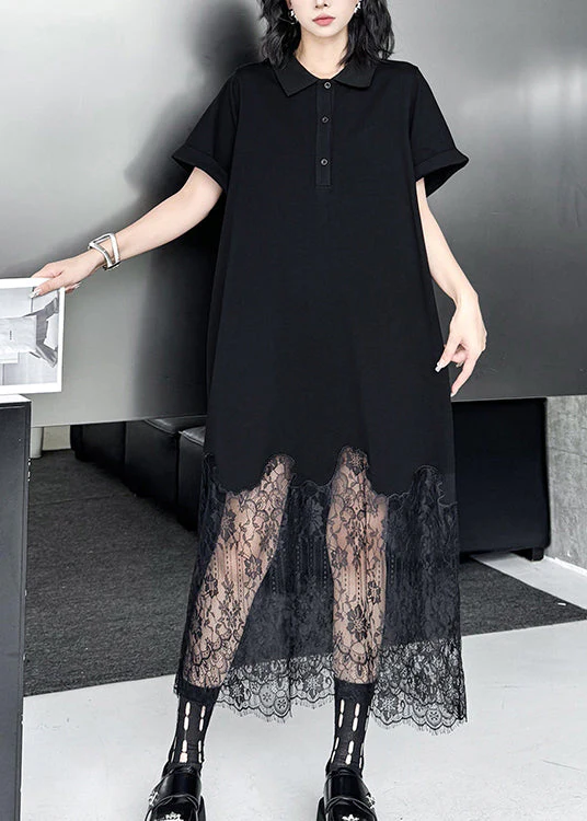 Chic Black Peter Pan Collar Lace Patchwork Cotton Dresses Summer - Image 2