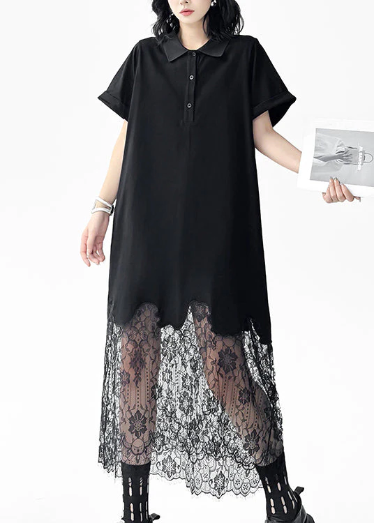 Chic Black Peter Pan Collar Lace Patchwork Cotton Dresses Summer - Image 3