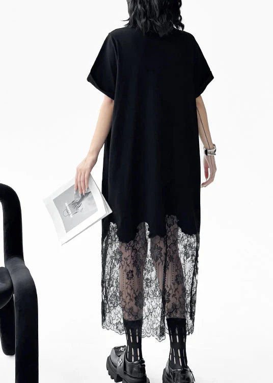 Chic Black Peter Pan Collar Lace Patchwork Cotton Dresses Summer - Image 4