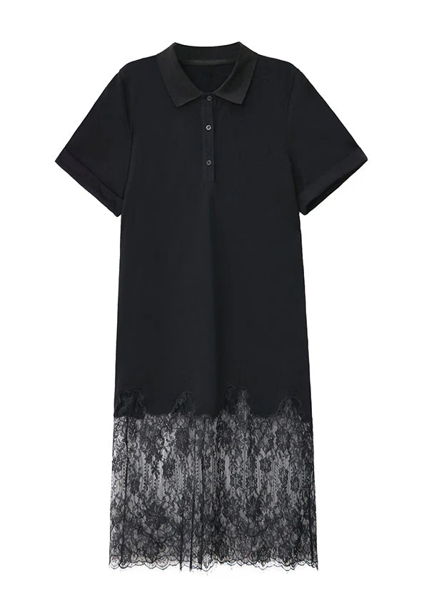 Chic Black Peter Pan Collar Lace Patchwork Cotton Dresses Summer - Image 5