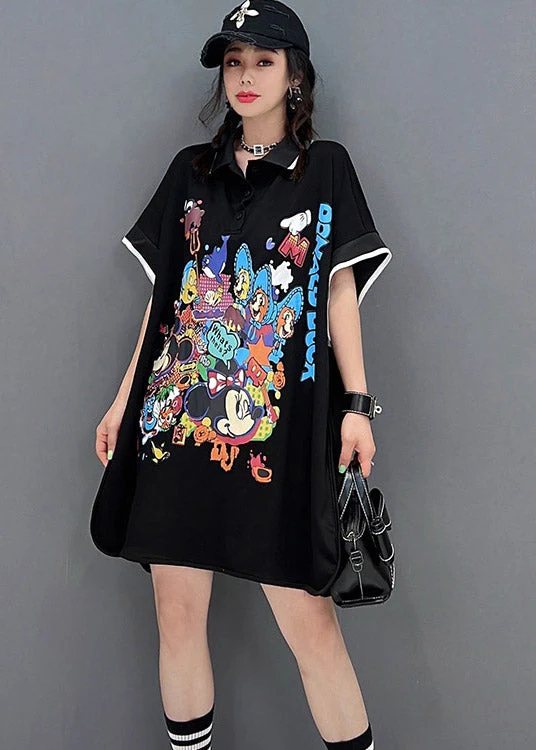 Chic Black Peter Pan Collar Print Mid Dresses Short Sleeve - Image 2