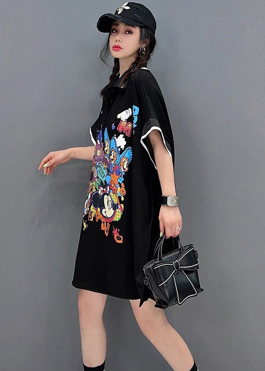 Chic Black Peter Pan Collar Print Mid Dresses Short Sleeve - Image 3