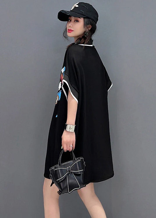 Chic Black Peter Pan Collar Print Mid Dresses Short Sleeve - Image 4
