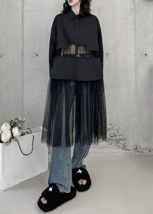 Chic Black Peter Pan Collar Tulle Patchwork Shirts Dress Fall - Image 2