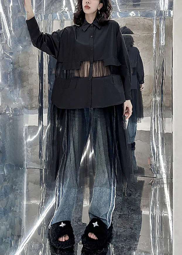 Chic Black Peter Pan Collar Tulle Patchwork Shirts Dress Fall - Image 3
