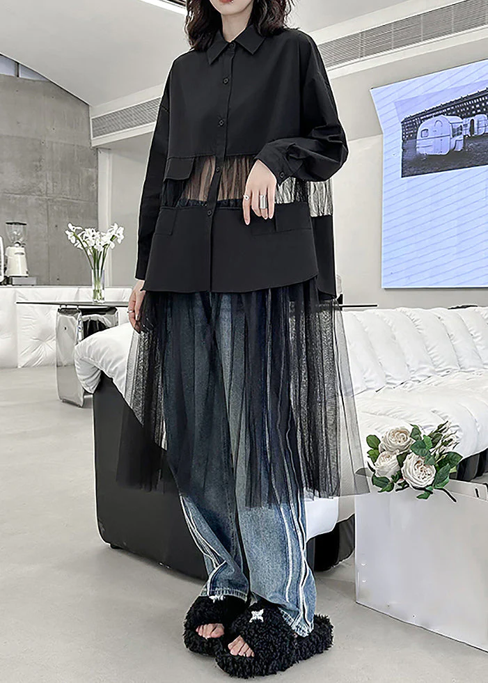 Chic Black Peter Pan Collar Tulle Patchwork Shirts Dress Fall - Image 4