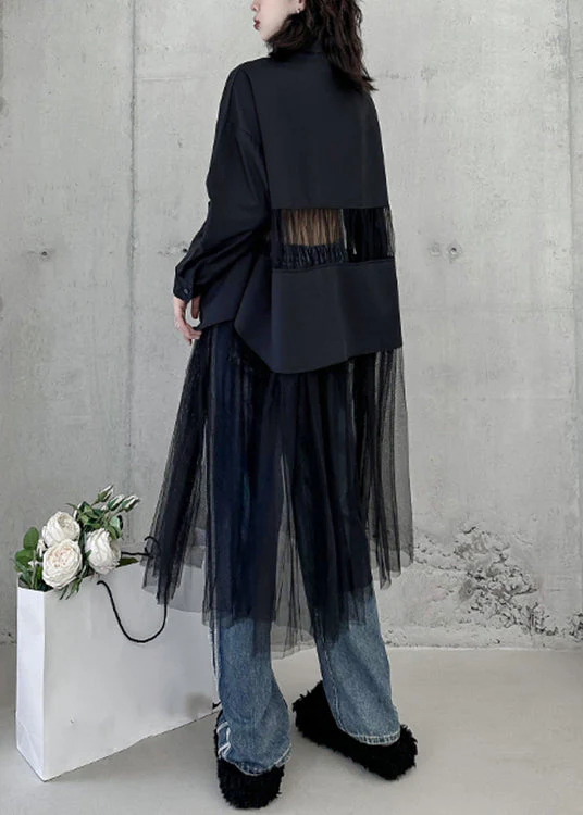Chic Black Peter Pan Collar Tulle Patchwork Shirts Dress Fall - Image 5