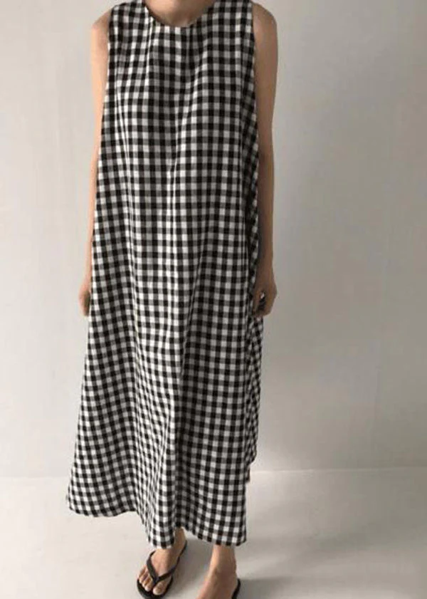 Chic Black Plaid O Neck Patchwork Cotton Dress Sleeveless - Image 2