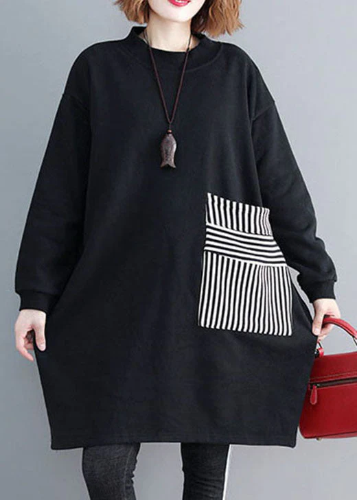 Chic Black Pockets Patchwork Warm Fleece Sweatshirts dress Winter - Image 2