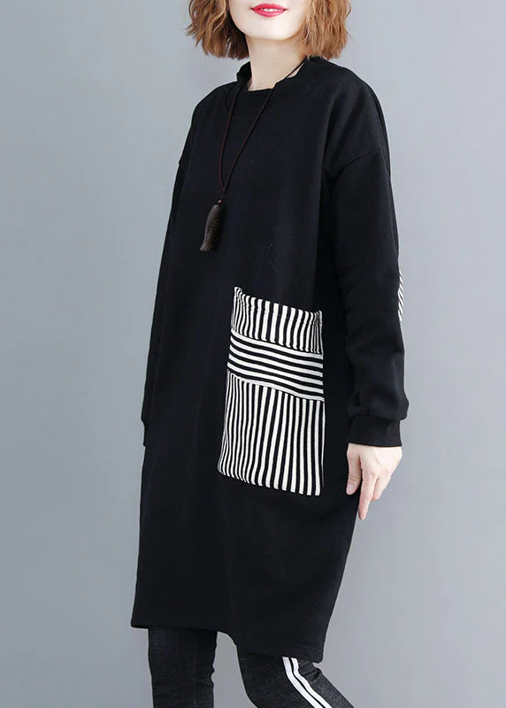 Chic Black Pockets Patchwork Warm Fleece Sweatshirts dress Winter - Image 3