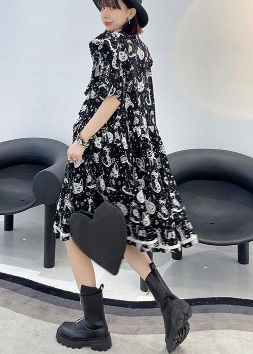Chic Black Print Asymmetric Short Sleeve Dress - Image 3