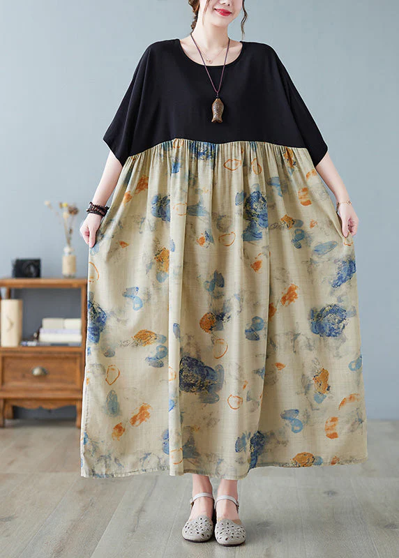 Chic Black Print Patchwork Long Dresses Short Sleeve - Image 2