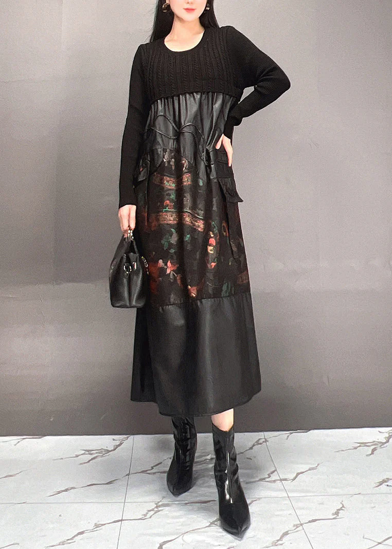 Chic Black Print Patchwork Wrinkled Maxi Dress Spring - Image 3