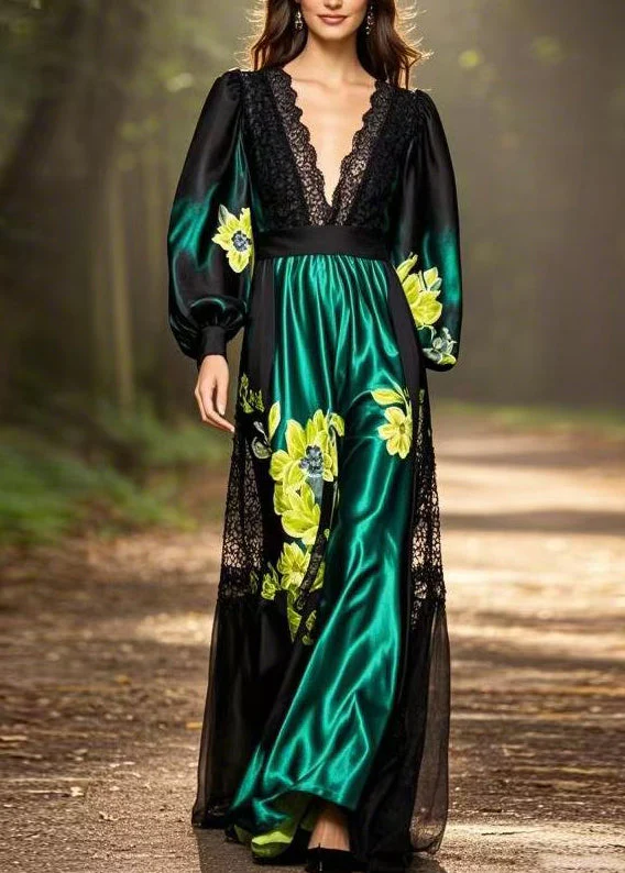 Chic Black Print Pockets Patchwork Silk Long Dresses Spring - Image 5