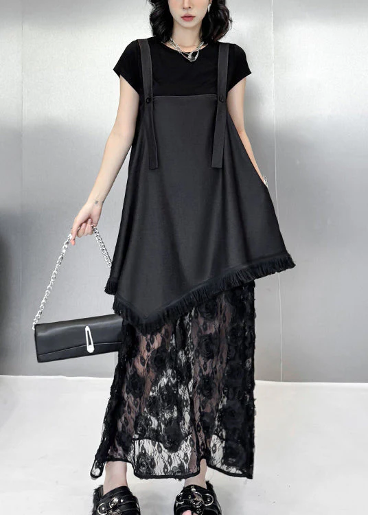 Chic Black Ruffled Lace Patchwork Cotton Strap Dress Summer - Image 2