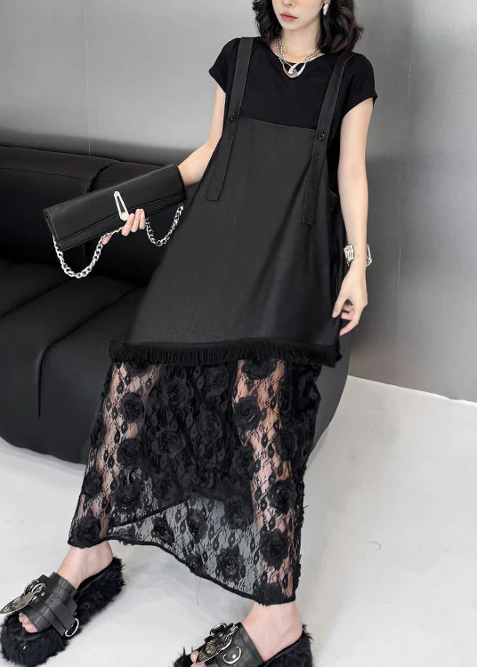 Chic Black Ruffled Lace Patchwork Cotton Strap Dress Summer - Image 3