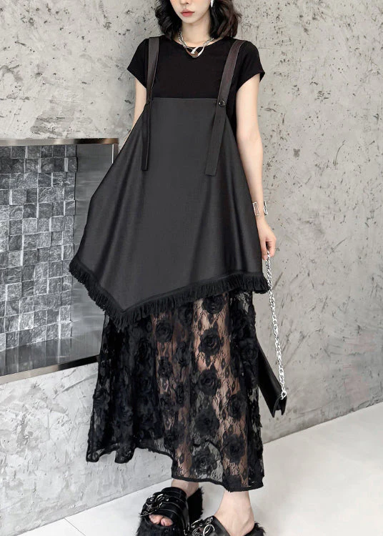 Chic Black Ruffled Lace Patchwork Cotton Strap Dress Summer - Image 4