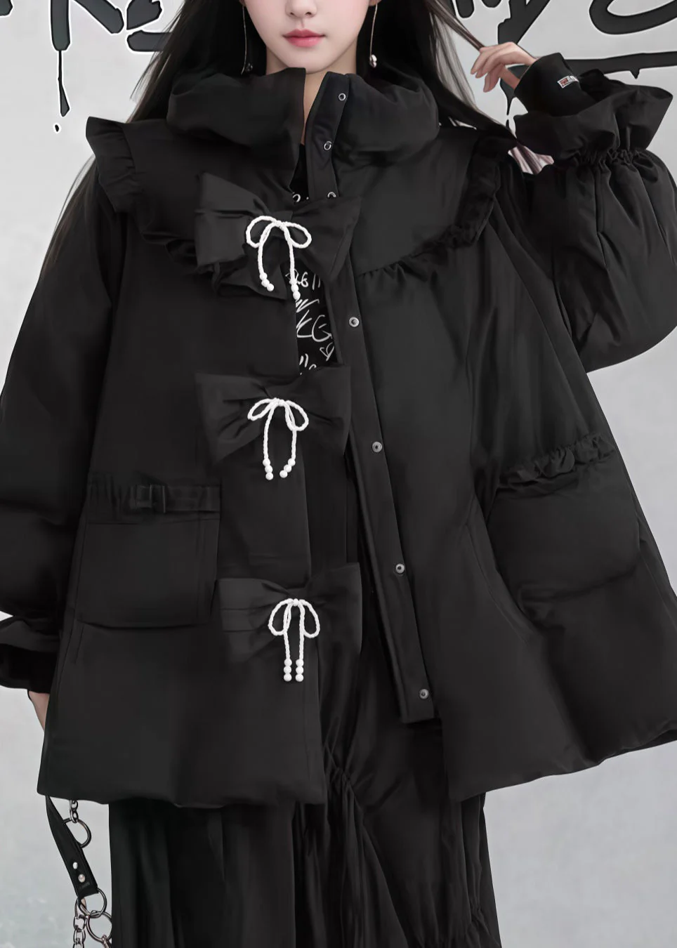 Chic Black Ruffled Pockets Patchwork Fine Cotton Filled Puffers Jackets Winter - Image 4
