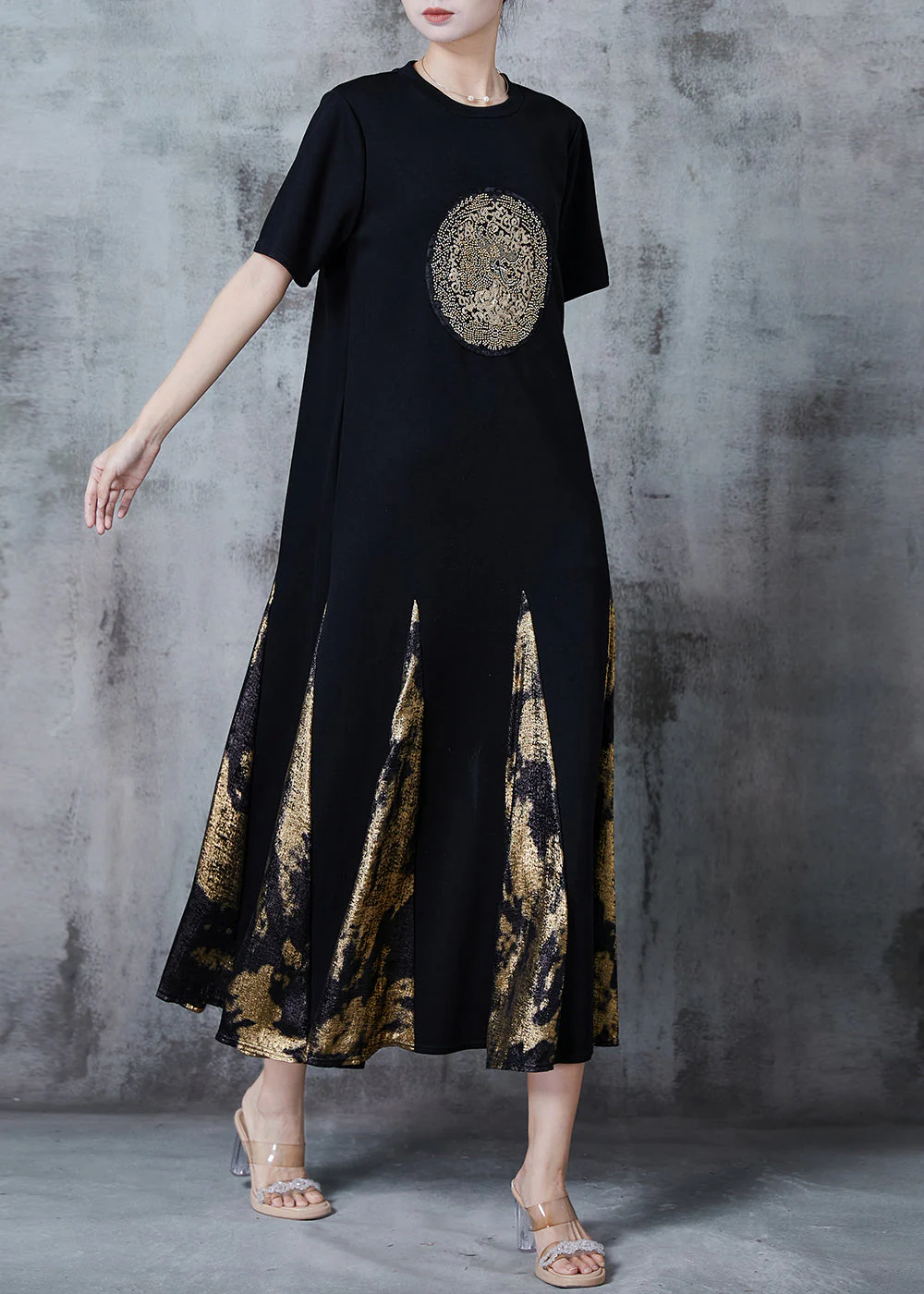 Chic Black Sequins Patchwork Cotton Robe Dresses Summer - Image 2