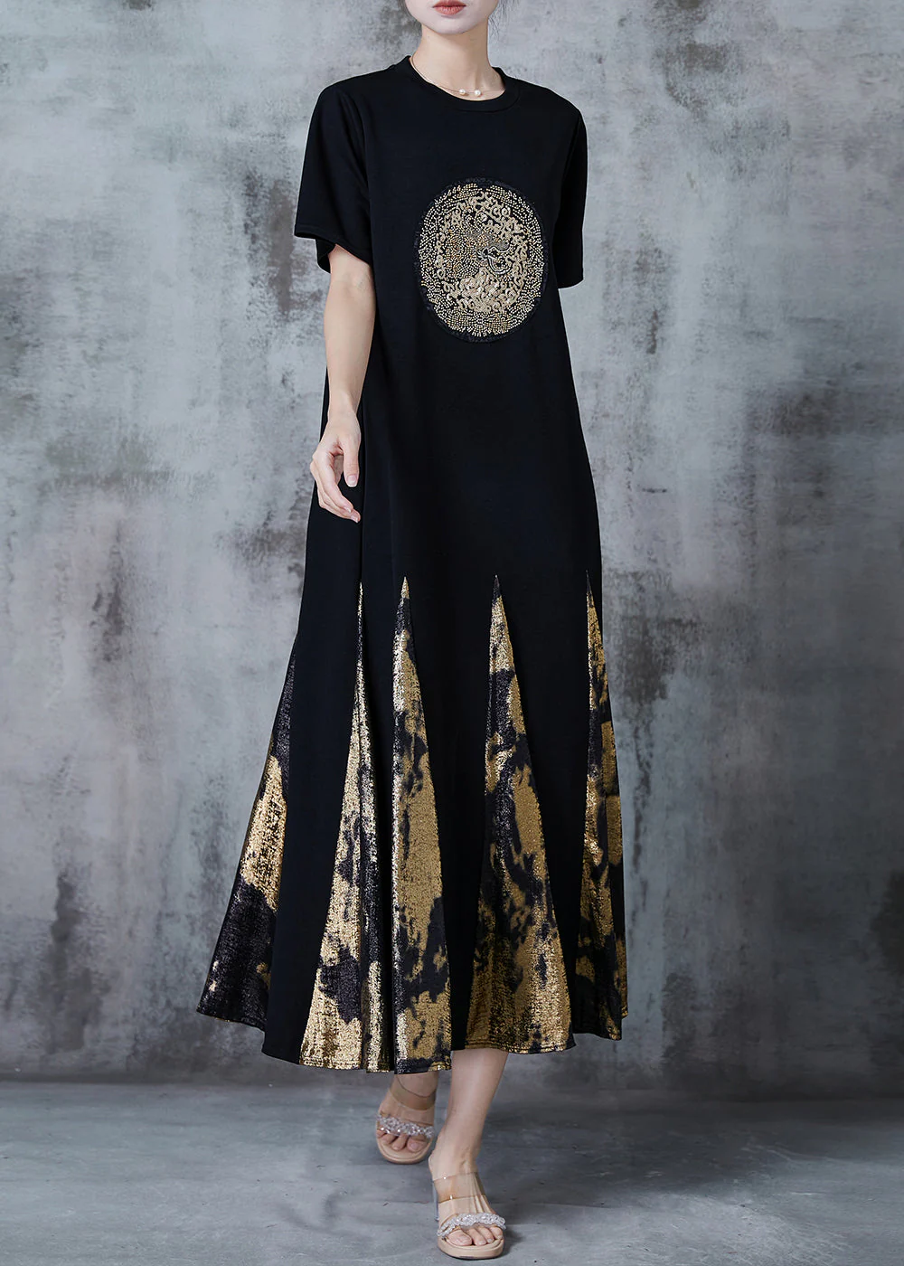 Chic Black Sequins Patchwork Cotton Robe Dresses Summer - Image 3