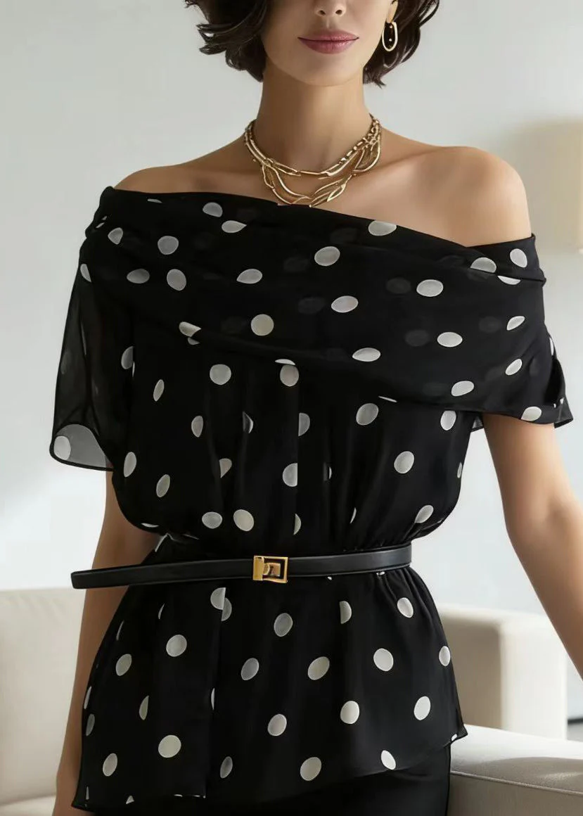 Chic Black Slash Neck Dot Print Chiffon Blouse Top Summer - Image 2