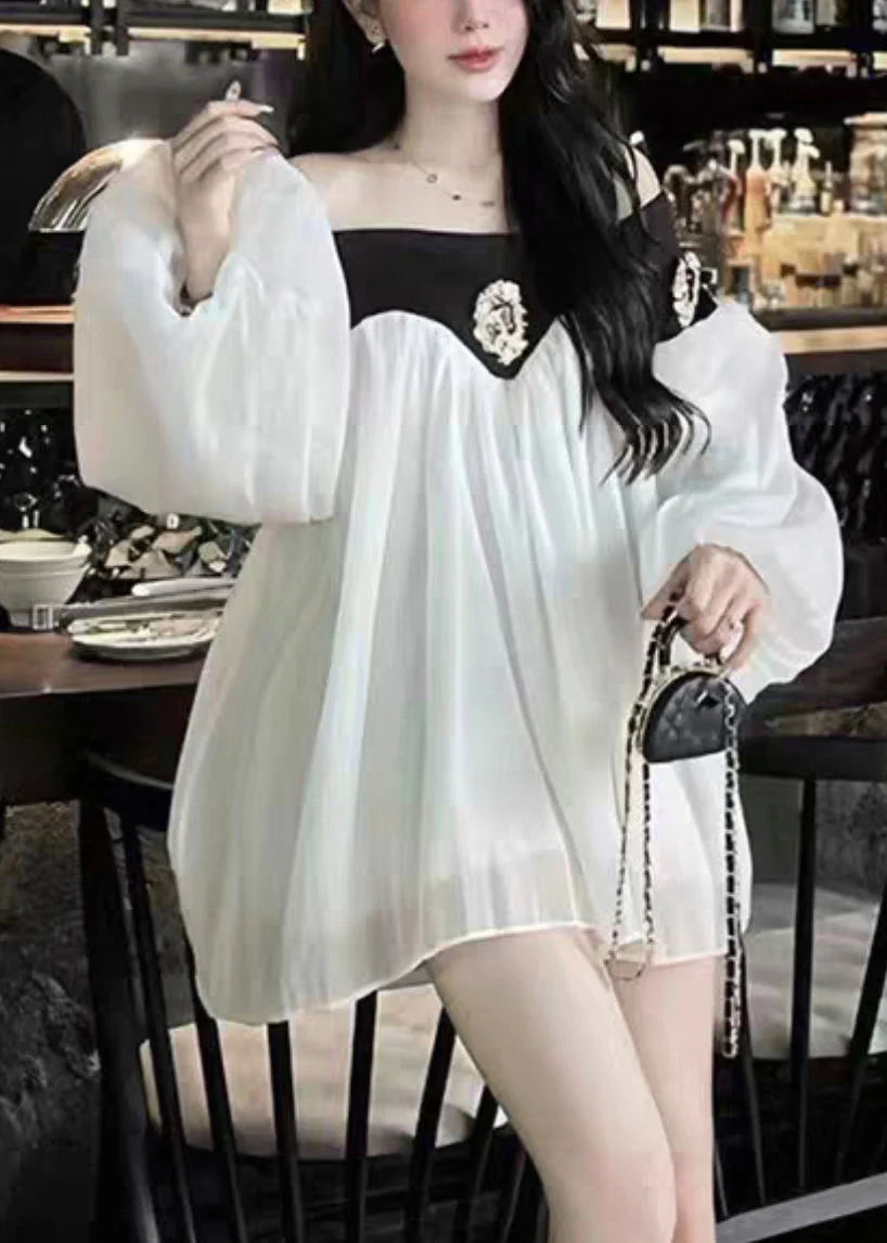 Chic Black Slash Neck Patchwork Chiffon Mid Dress Lantern Sleeve - Image 3