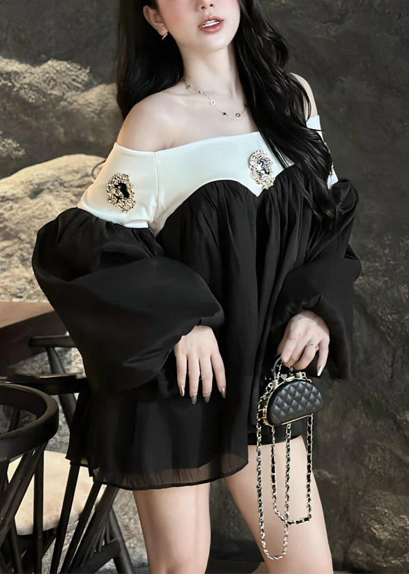 Chic Black Slash Neck Patchwork Chiffon Mid Dress Lantern Sleeve - Image 4