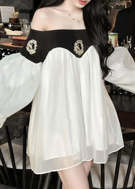 Chic Black Slash Neck Patchwork Chiffon Mid Dress Lantern Sleeve - Image 5