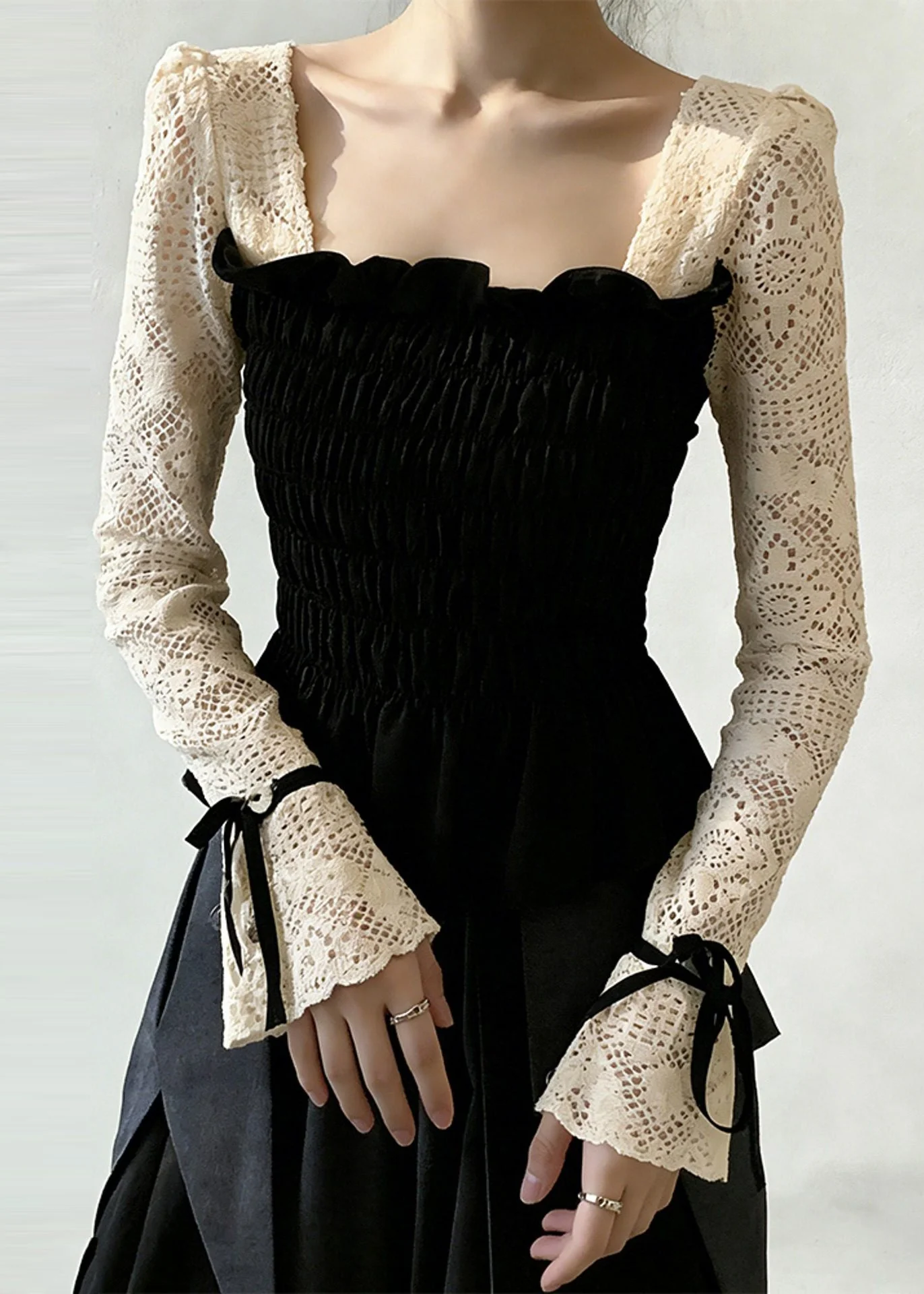 Chic Black Square Collar Patchwork Cotton Shirt Tops Flare Sleeve - Image 2