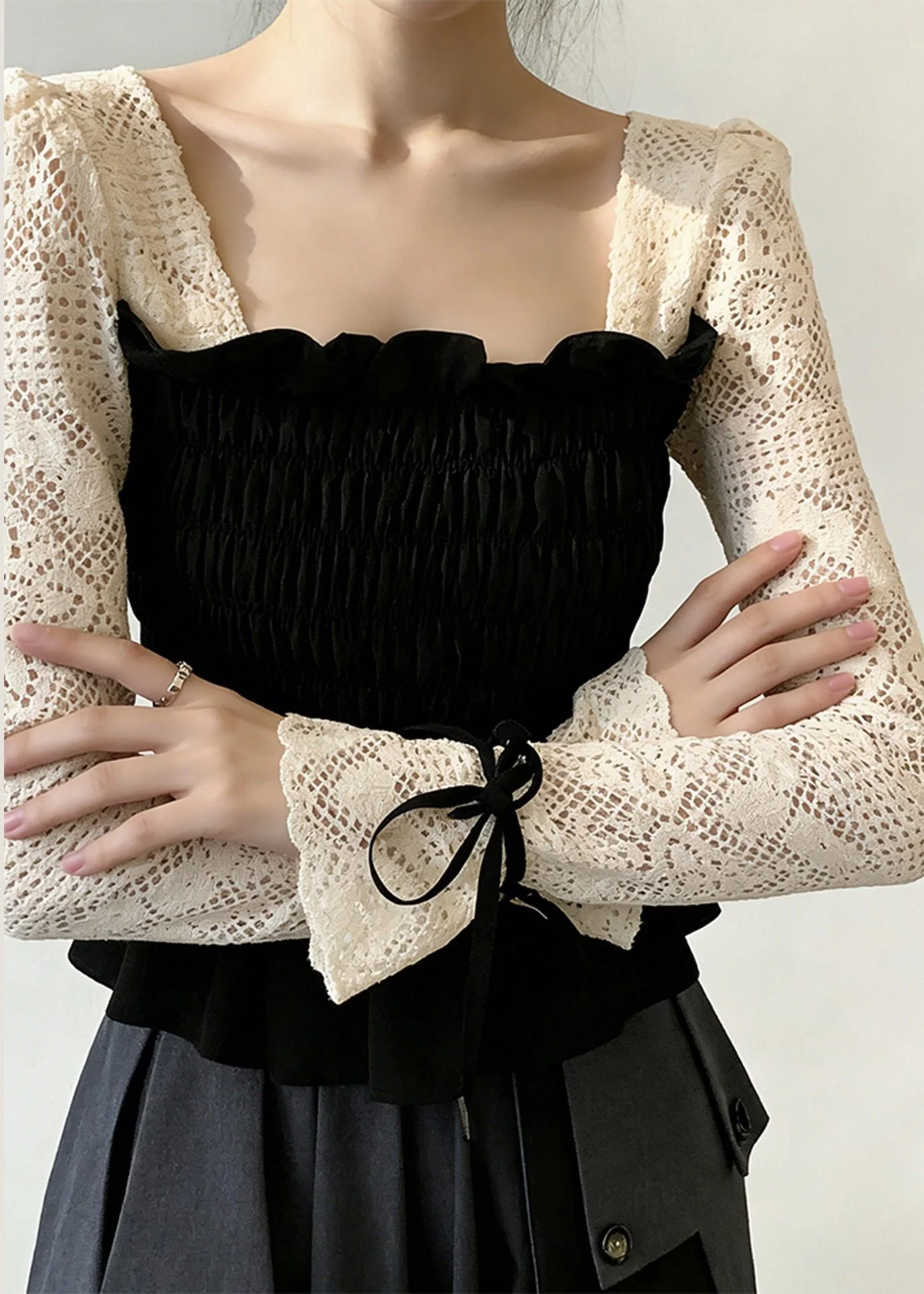 Chic Black Square Collar Patchwork Cotton Shirt Tops Flare Sleeve - Image 3