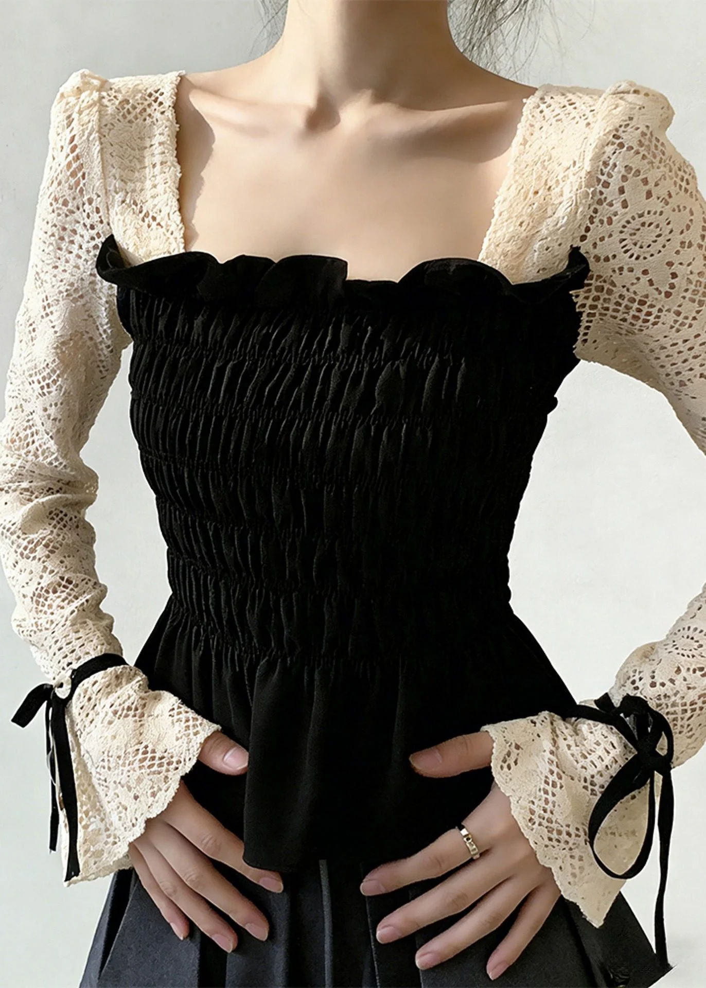 Chic Black Square Collar Patchwork Cotton Shirt Tops Flare Sleeve - Image 4